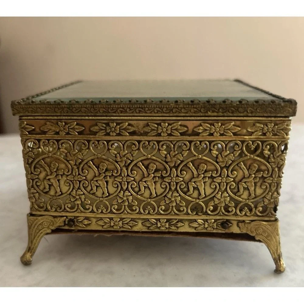 Vintage Jewelry Box Golden Filigree Beveled Glass Footed Full Of Crystal 5×6.5in